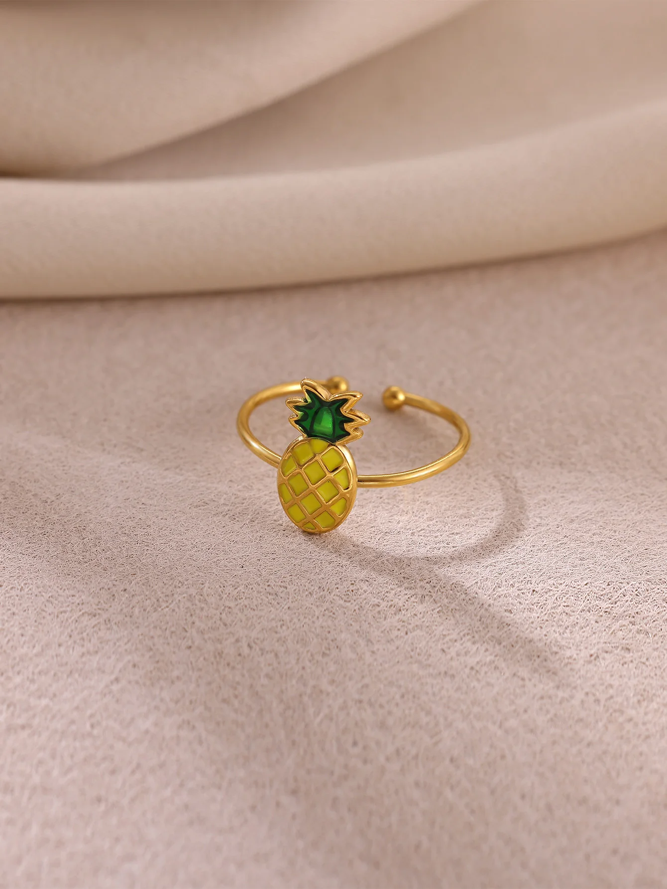 Pineapple Enamel Rings Women Gold Color Stainless Steel Adjustable Finger Ring