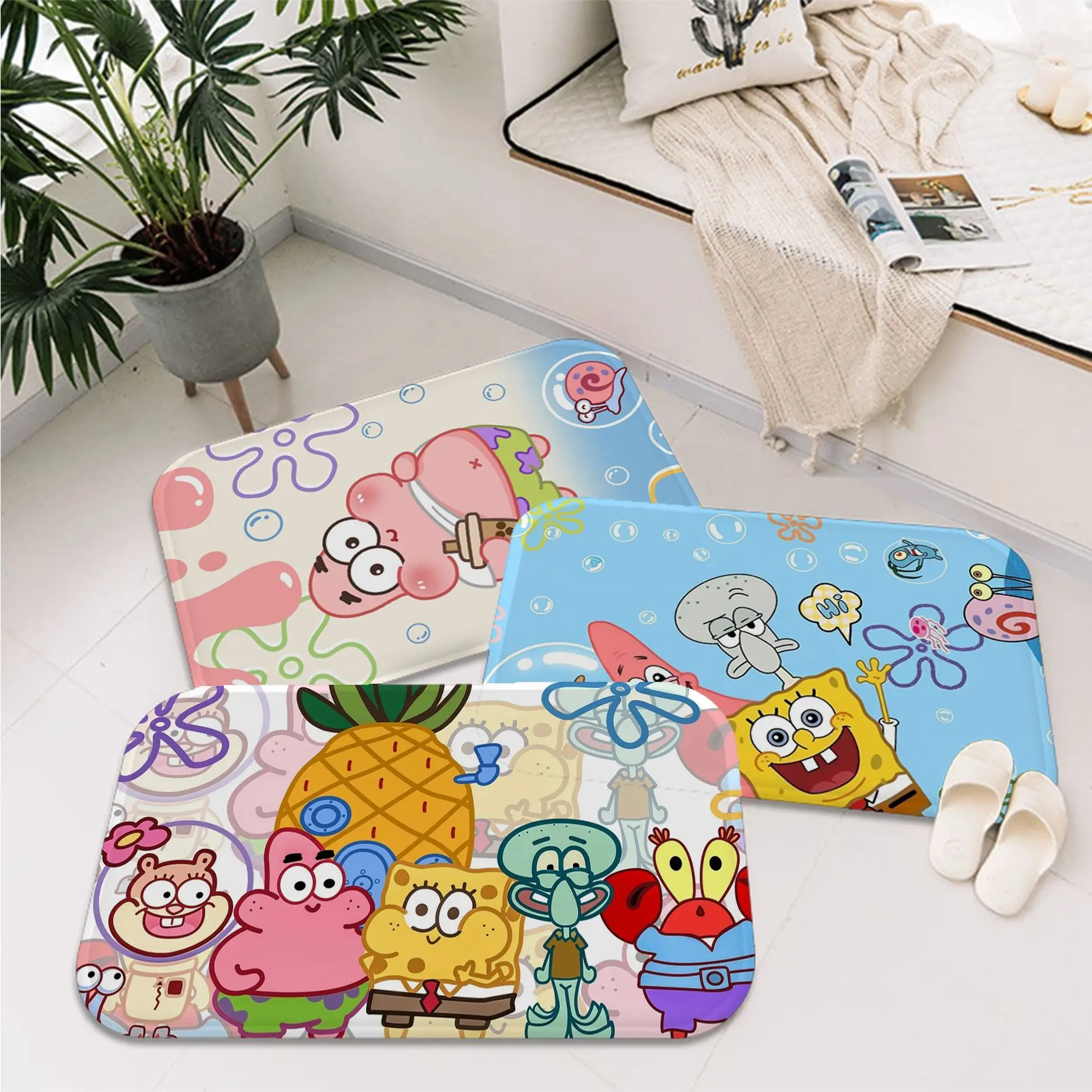 Sponge-Bobs Face Entrance Door Mat Anti-Slip Absorb Water Long Strip Cushion Bedroon Mat Modern Home Decor