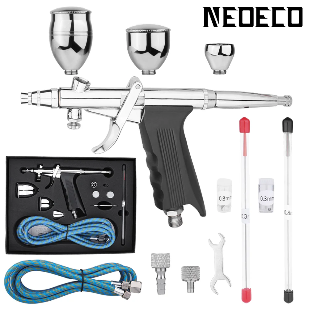 Airbrush With Accessories Kit, 0.3mm 0.5mm 0.8mm Allpurpose Precision Fixed Dualaction Trigger