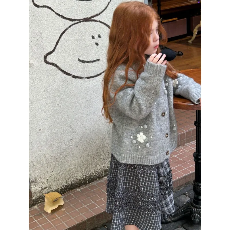 2025 봄/가을/겨울 여아 신상 고급 삼차원 플라워 가디건 스웨터 코트