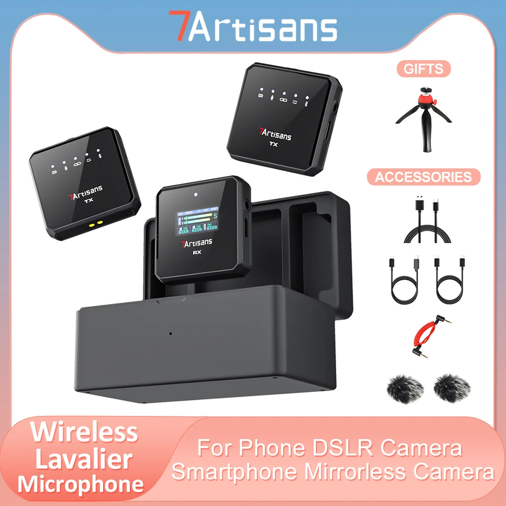 

Беспроводной петличный микрофон 7artisans с шумоподавлением для наружного живого видео с зарядкой чехол 2,4 ГГц для камеры смартфона