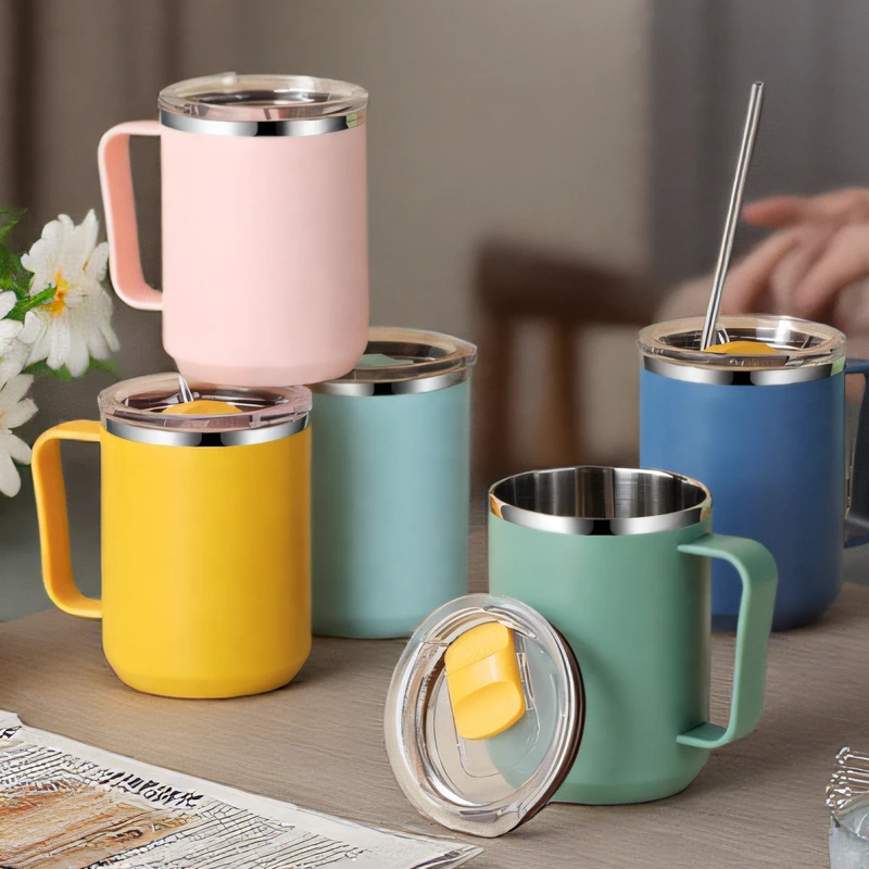 Stainless Steel Insulated Travel Mug with Handle and Lid - 450ml Double-Wall Vacuum Cup for Hot and Cold Beverages