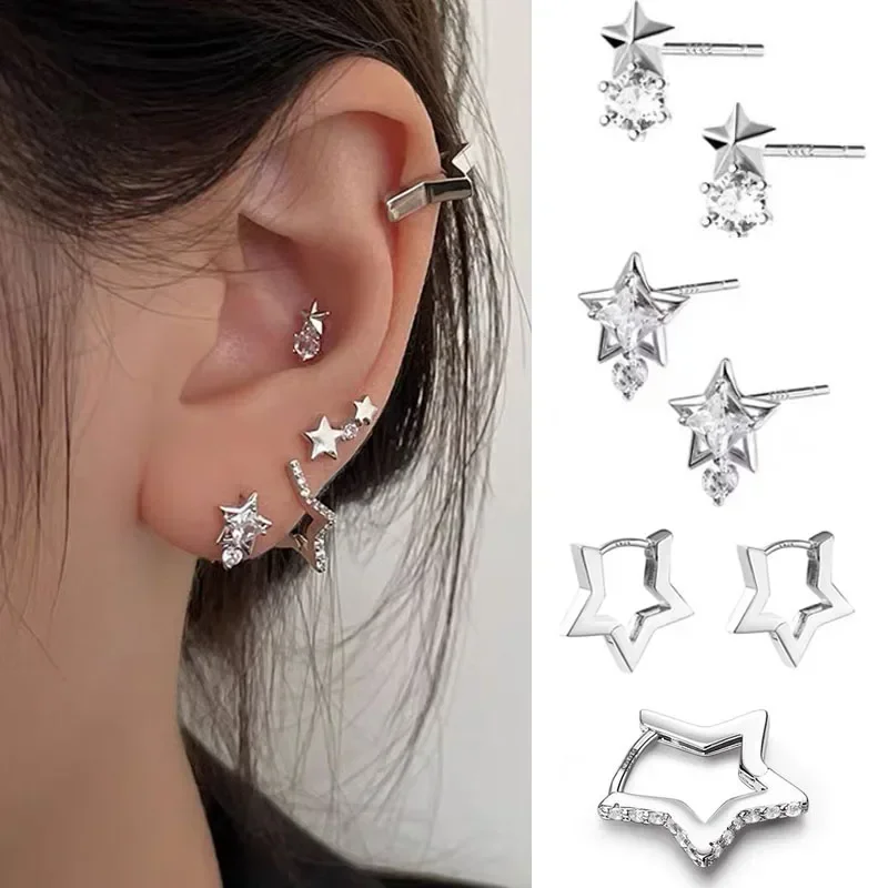 

Y2K Pentagram Star Stud Earring for Women Shinning Punk Gothic Silver Color Helix Piercing Ear Bone Nail Jewelry Accessories