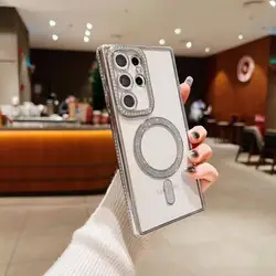 Transparent Magnetic Phone Case with Electroplating TPU and Rhinestone Design - 5G Protective Cover - Galaxy A26 5G (Silver)
