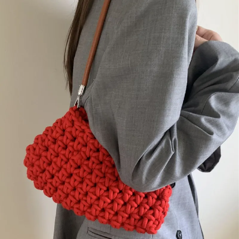 Solid Color Commuting Handbag Women's Versatile Shoulder Cotton Woven Bag New Small Fresh Square Underarm Bag Straw Bag