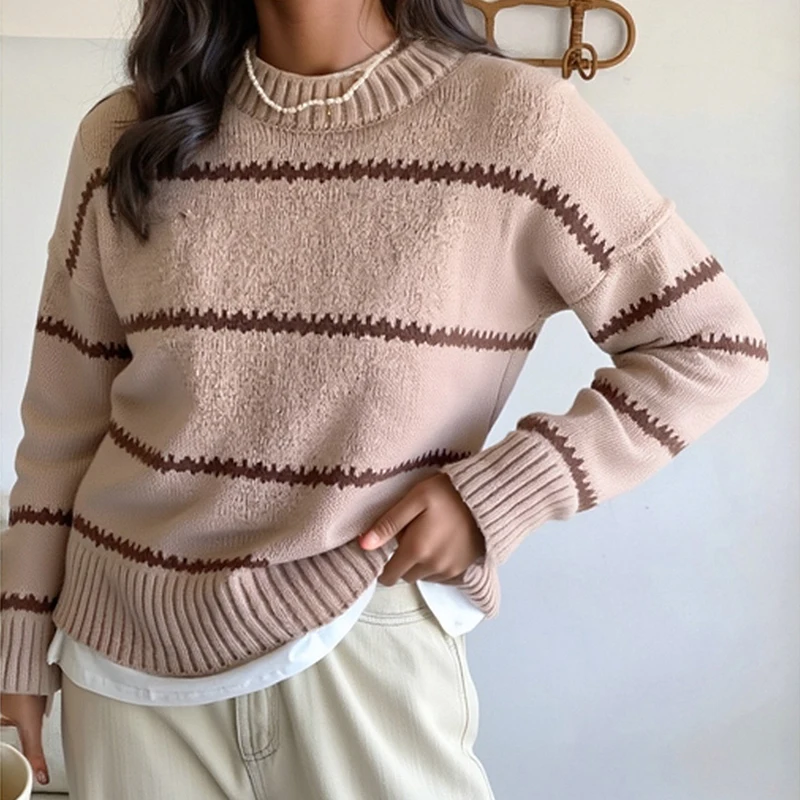 New Autumn and Winter Women's Crew Neck Long-sleeved Sweater Fashion Striped Casual Loose and Elegant Knitted Pullover Shirt