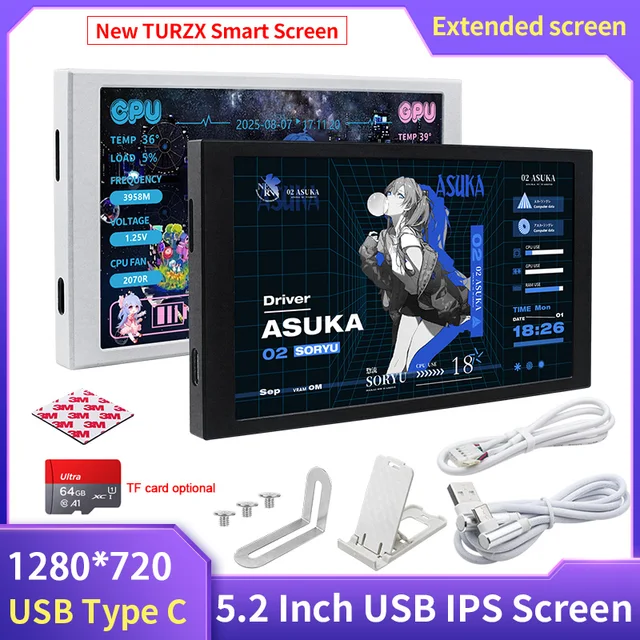 TURZX nouvel écran secondaire IPS 5.2 pouces 1280x720 Interface USB-C CPU GPU RAM moniteur d'ordinateur écran étendu pour Windows 10 11 1