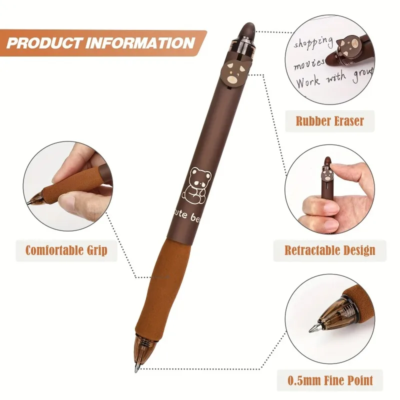 15pcs/set Cute Bear Erasable Pens, Kawaii Pens, 0.5mm Black/Blue Ink Erasable Pens, Student School Office Stationery Supplies