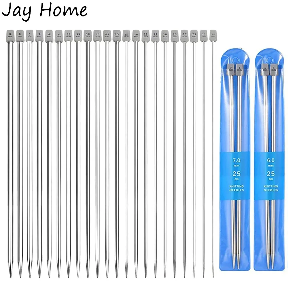 

22Pcs Stainless Steel Knitting Needles 2 mm-8 mm Straight Single Pointed Crochet Hook Sets 25/35cm Sweater Needles for Knitting