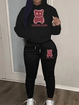 Women's Autumn/Winter Fashion Casual Cartoon Bear Pattern Printed Thick Warm Hoodie+Sports Pants Set 1