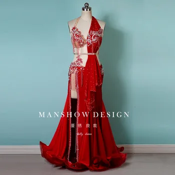 customized belly dance performance costume red bras pleated fringe fairy long skirt set indian clothes women exotic dancewear