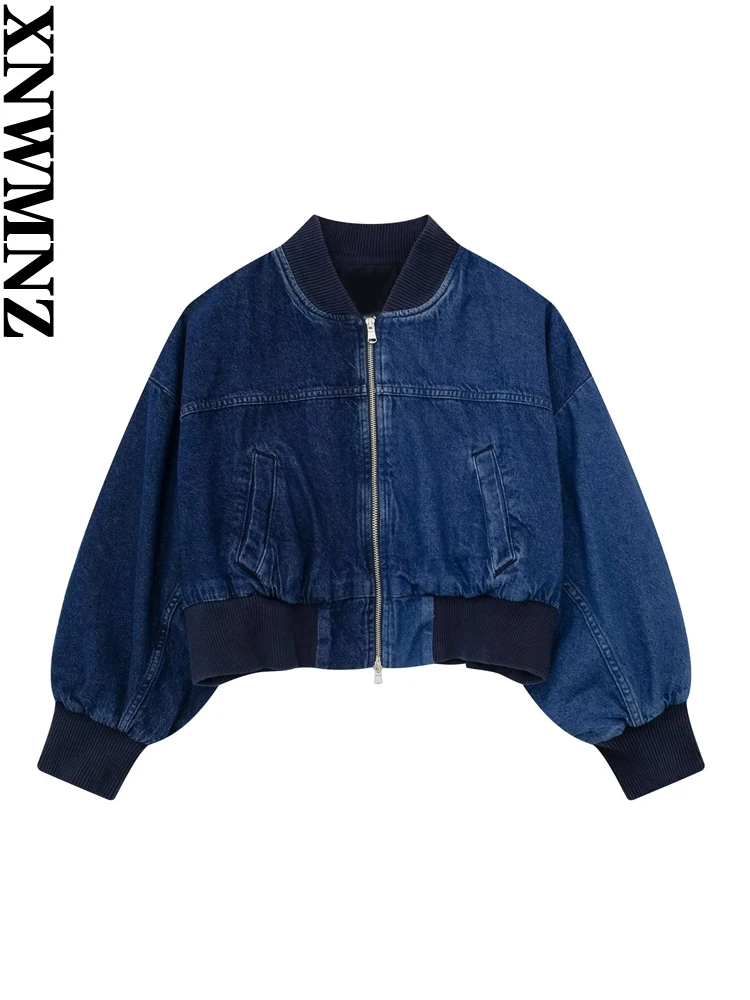 

XNWMNZ 2023 Женская мода осень/зима контрастная джинсовая куртка-бомбер женская Винтажная с длинным рукавом на молнии универсальное Женское пальто