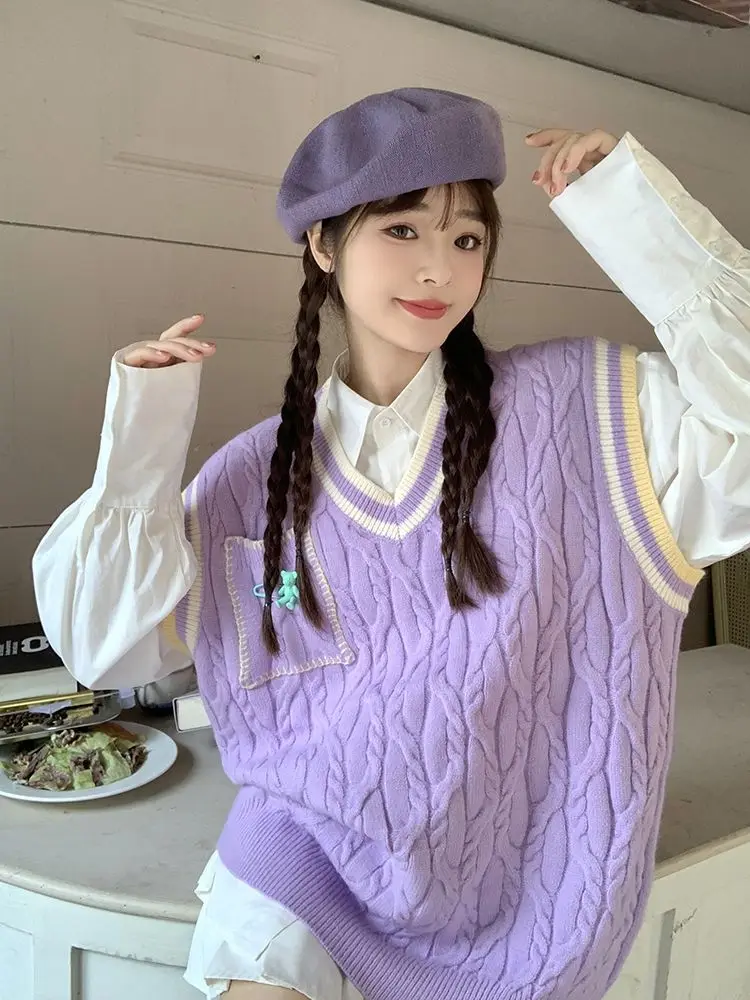 Purple Sweater Vests Women All-match Loose Sweet Spring