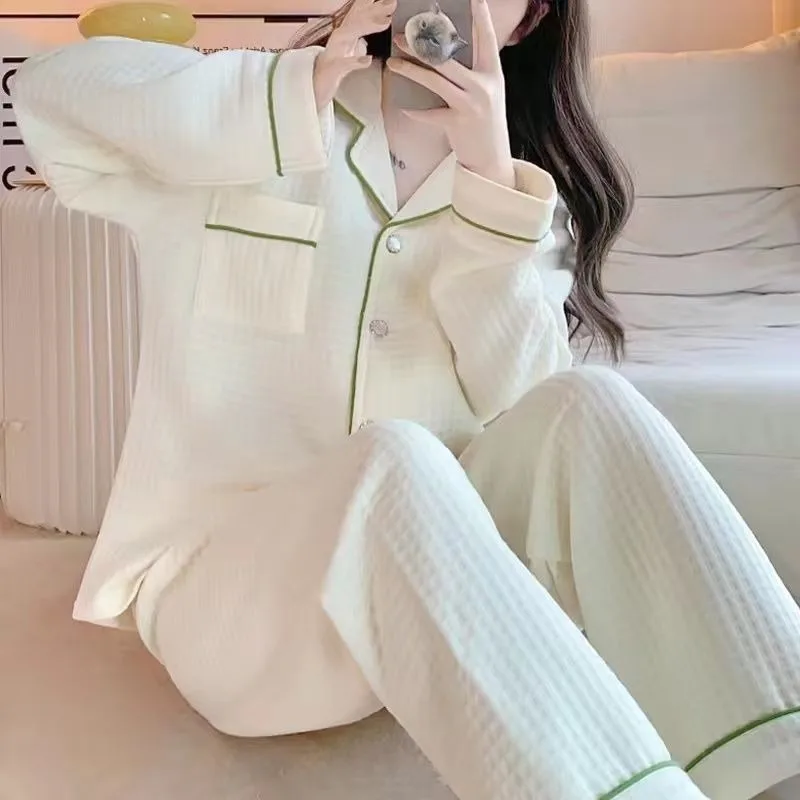 2024 New Autumn Winter Thickened Interlayer Sleepwear Large Size Loose Pajamas Women's Waffle Air Cotton Long Sleeved Homewear