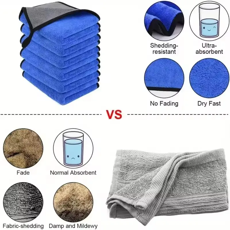 1/3/6pcs 마이크로 화이버 자동차 세척 수건 부드럽고 빠른 건조 창문 거울 닦는 천 가정용 이중 레이어 청소 천 500GSM