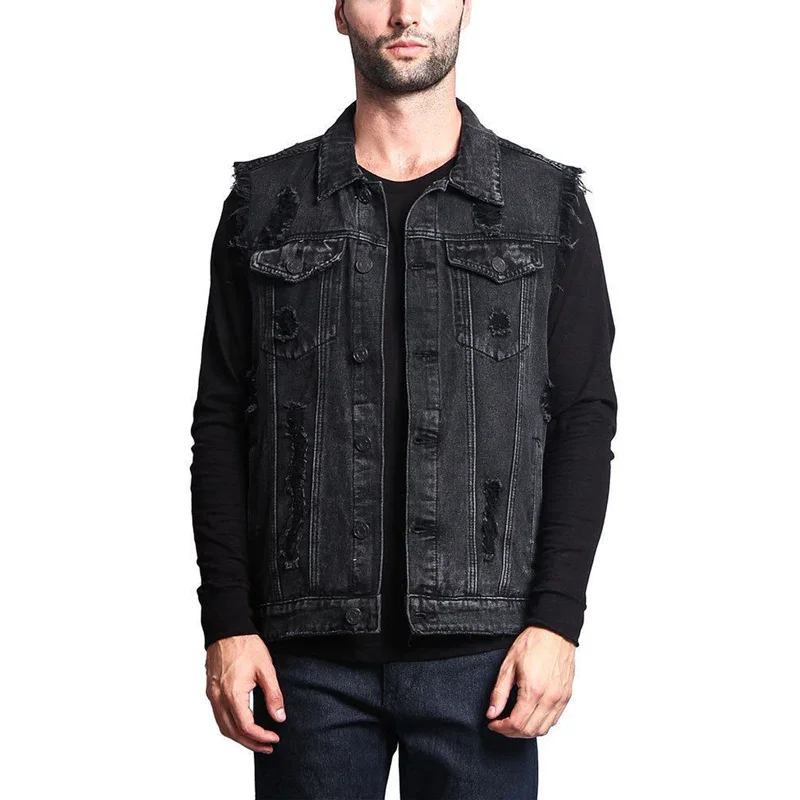 Veste sans manches en denim brut à bords effilochés pour homme style cowboy casual