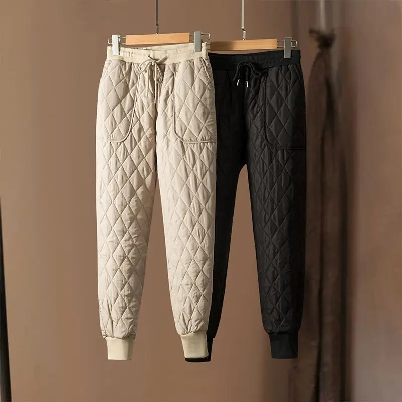 Women Winter New High Waist Harlan Pants Commuter Fashion Simple Lace Up Pocket Splicing Fleece Warm Versatile Down Cotton Pants