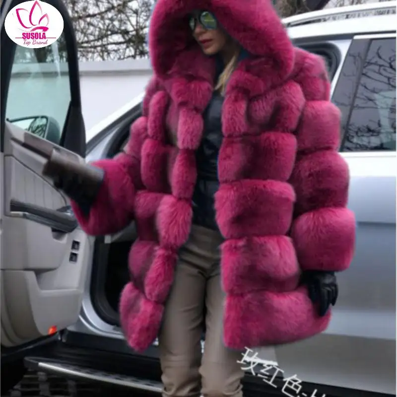 

SUSOLA Elegant Faux Fox Fur Coat Women Winter Trend Medium Long Artifical Fox Fur Coat Lady Warm Fake Fox Fur Coats Female