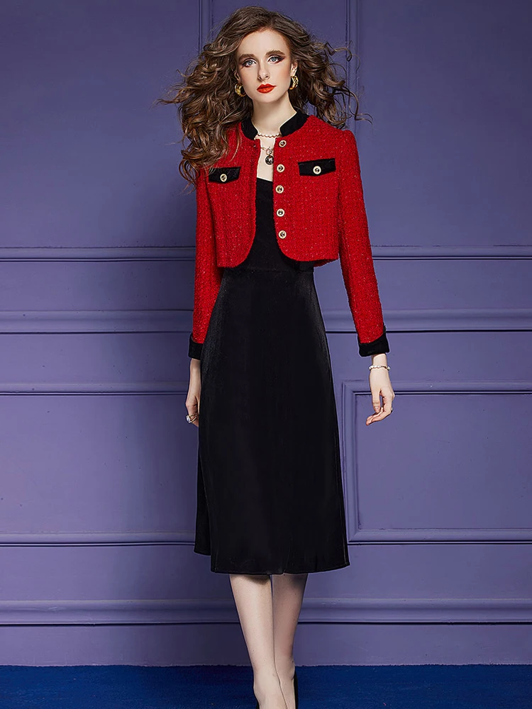 Elegant Designer Short Tweed Woolen Jacket and Midi Velvet Dress 2 Piece Set Autumn Winter Vestidos Fashion Party Outfits