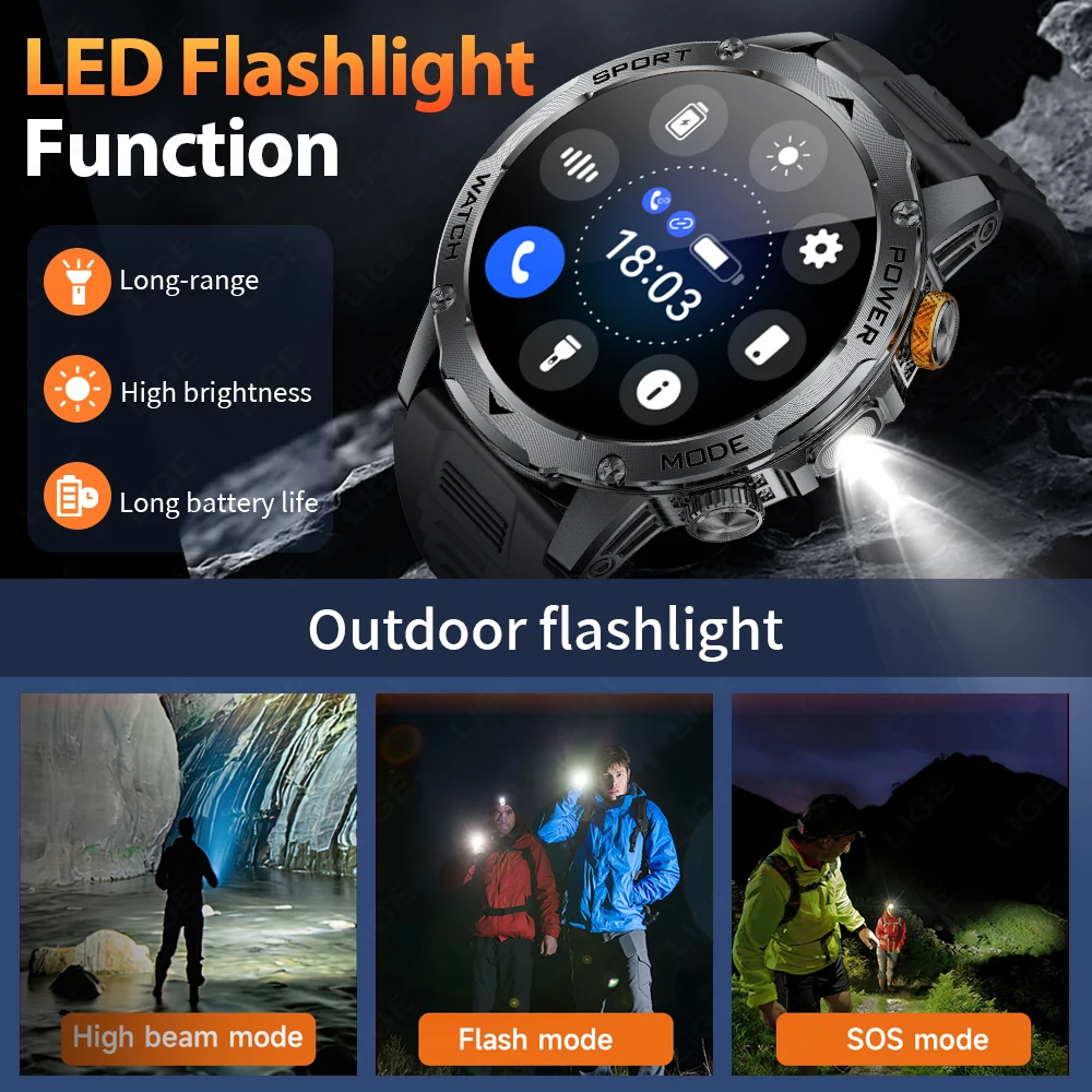 LIGE New Smart Watch Men 1000mAh Large Capacity Battery Outdoor Flashlight Bluetooth Call Waterproof Sport Fitness Smartwatch 3