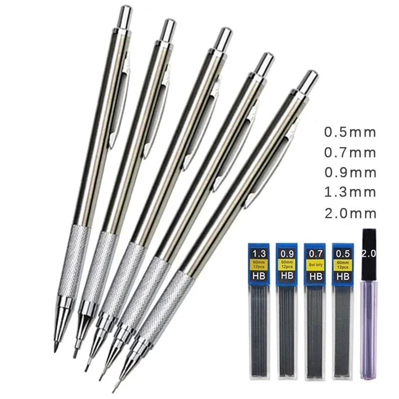 

0.5 0.7 0.9 1.3 2.0mm Metal Mechanical Pencil Students Art Drawing Design HB Black Lead Set Copper and Stainless Steel Materials