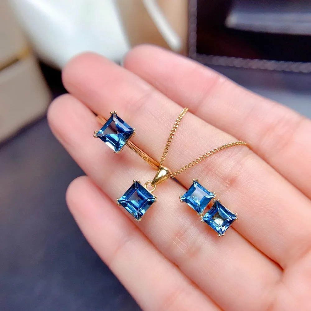 

Natural London Blue Topaz Square Jewelry Set 925 Silver Ring Earrings Pendant Necklace Women's Fine Wedding Jewelry