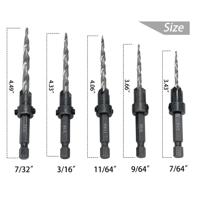 Set 5 Punte Svasatrici Per Legno | Angolo 82&deg;, Con Chiave, Per Viti Da Falegnameria