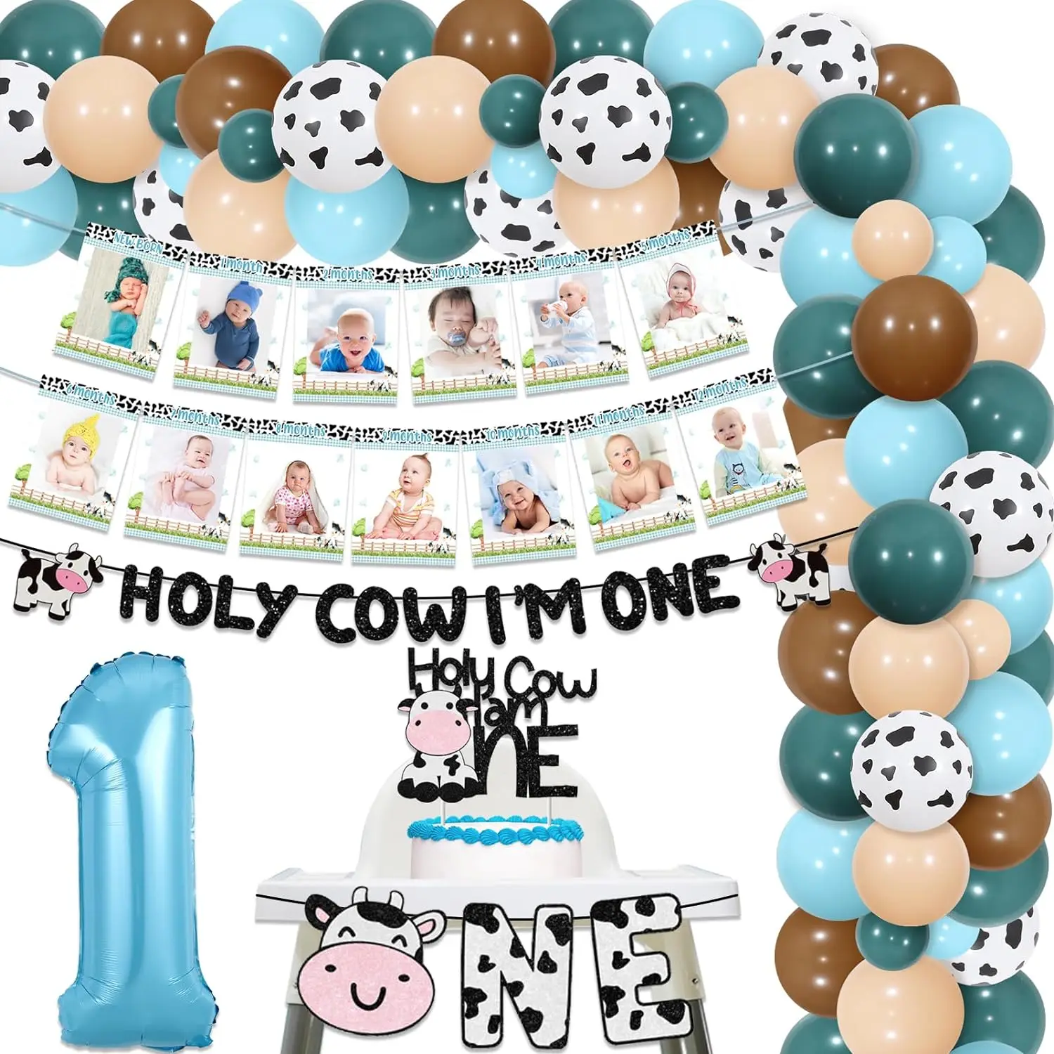

Holy Cow Im One Birthday Decor Cow 1st Birthday Balloon Arch Kit 12 Month Photo Banner Cake Topper Party Supplies
