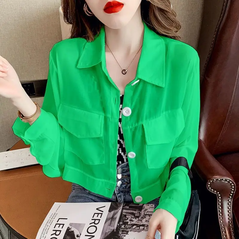 Stylish Solid Color Pockets Button Casual Chiffon Shirt Female Clothing 2023 Autumn New Oversized Loose Tops Commute Blouse