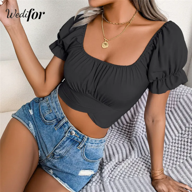 

Wedifor Short Sleeve Square Collar Shirts Black Casual Women Summer Fashion Tops New Arrival Streetwear Office Lady Blouse