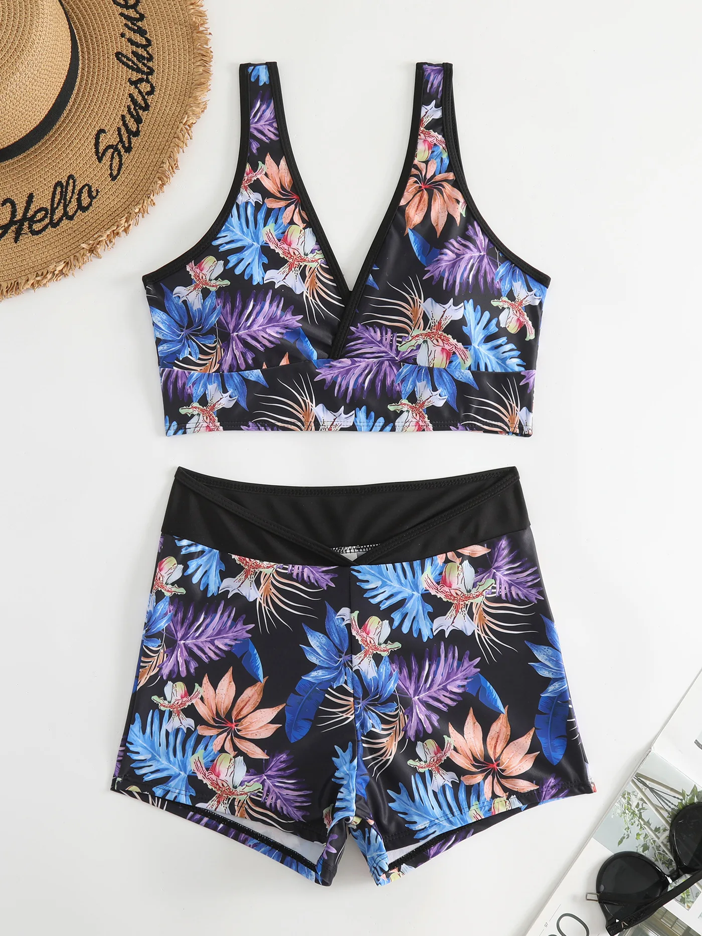 Bikini Sets for Women V Neck Swim Bra Top with Shorts Floral Print 2 Piece Swimsuit Sexy Push Up Beach Hawaii Swimwear