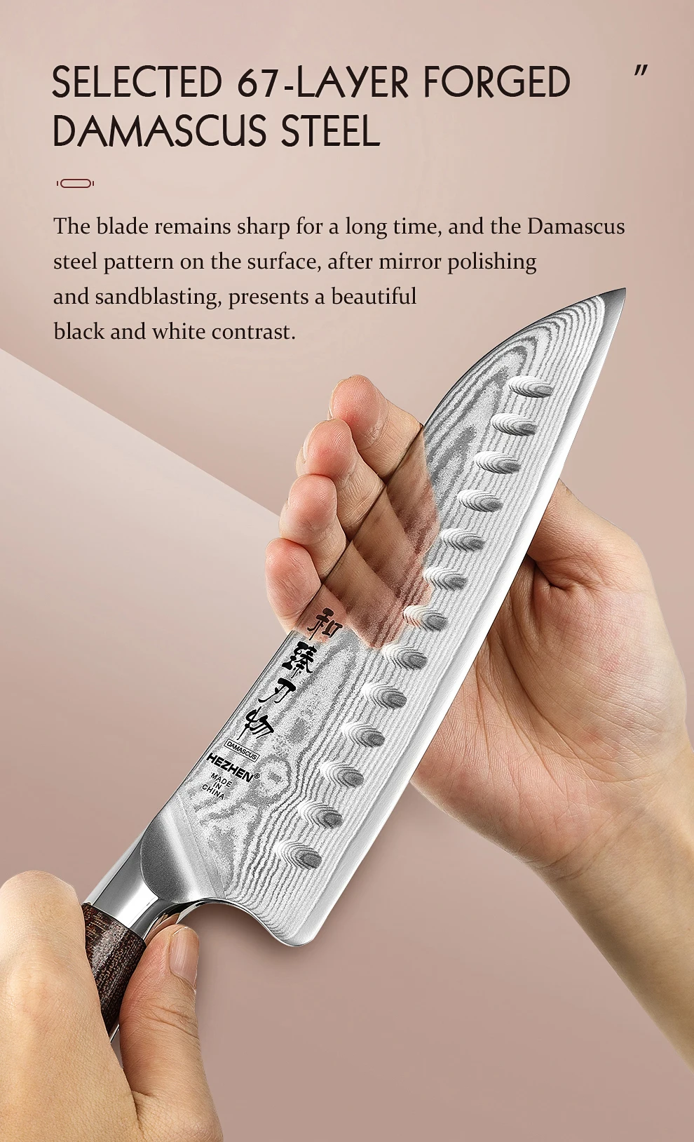 HEZHEN 7,3 Zoll Santokumesser mit Micarta-Griff, japanischer 67-lagiger Damaststahl, schönes Geschenkbox-Küchenmesser – Detail 4