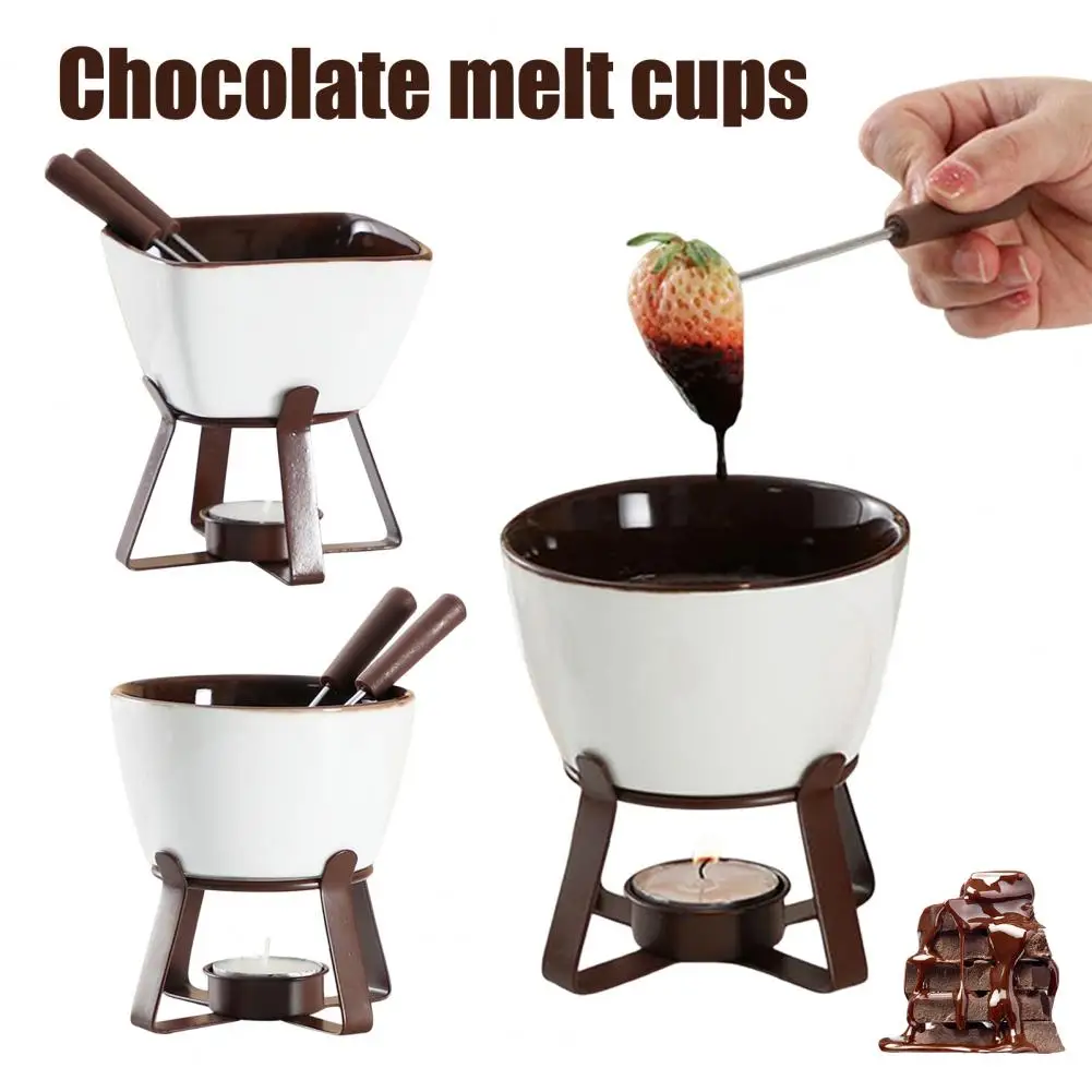 Candle Fondue Pot Set Ceramic Chocolate Fondue Mugs Set with Forks for Melting Cheese Butter 300ml for Tealight Chocolate