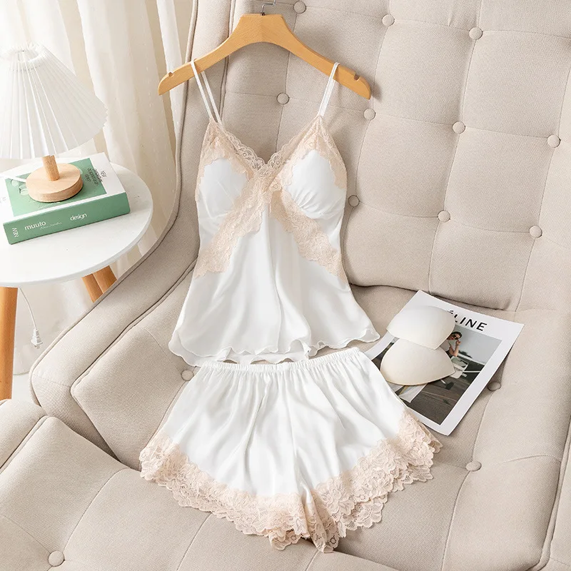 LEJAHAO Sexy pyjama dames korte zomer pyjama set satijn kant edel huispak nachtkleding dames pyjama sleepwear met mouwloze tanktop en shorts negligé nachthemd voor vrouwen meisjes meisje vrouw, roze