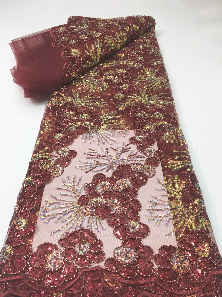 

Новейшая винно-Африканская кружевная ткань с блестками 2023 Высококачественная французская сетчатая кружевная нигерийская кружевная ткань для женского платья швейный KYX2322