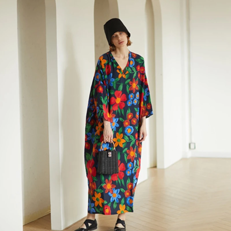 

Fancy Flowers Garden Dress Women Floral Print Black Dresses Mujer Vestido Monet Artsy Kaftan Chic French Style Robe Long Tunic