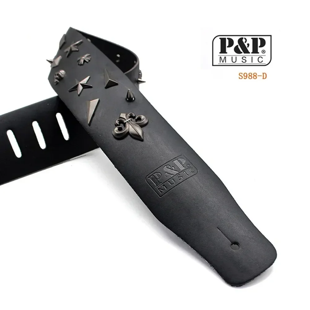 Cinturino Chitarra In Vera Pelle Nera 2.5” - Borchie Metallo - Fatto Nel Regno Unito