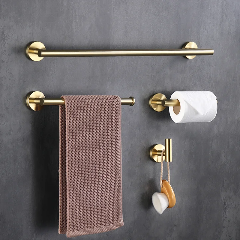 Brushed Gold Bathroom Accessories Set Wall Mount Hand Towel Bar Rack Toilet Roll Paper Holder Robe Hook Hanger 4 Piece Set