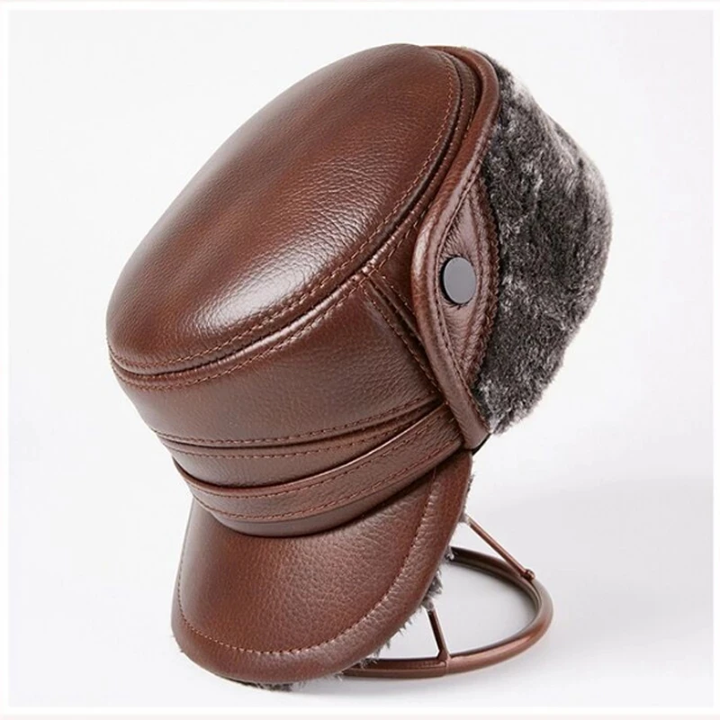 Winter Men's Leather Hat Thicken Leather Sheepskin Baseball Caps With Ears Warm Snapback Dad's Hats Sombrero De Cuero Del Hombre baseball cap,leather hat