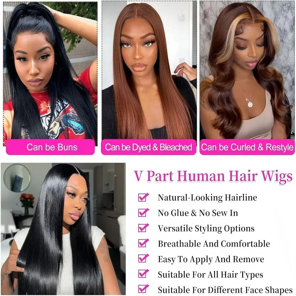 Straight V Part Wig Human Hair Glueless Wigs 220 Density Natural Color Brazilian Hair Wig For Black Women 36Inch 100% Human Hair