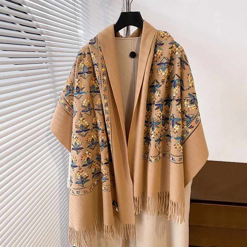 2024 Elegant Ladies' Embroidery Pashmina Scarves Winter Thick Warmth Long Tassel The Shawl Coldproof Windproof Blanket Scarf