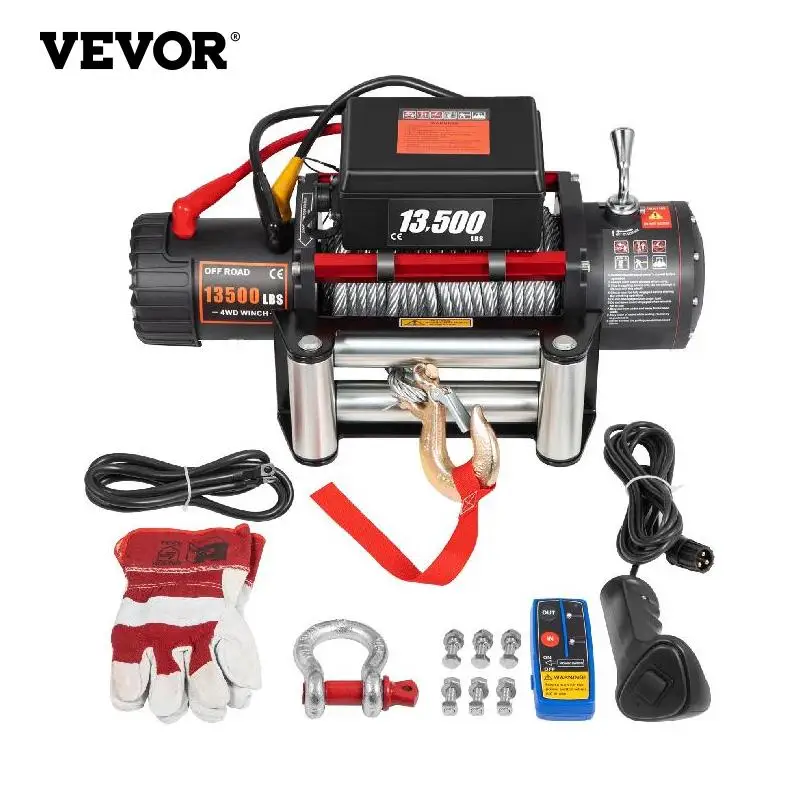Vevor 13500lbs 12v Electric Winch For 4x4 92ft Steel Cable Car Trailer Ropes Towing Strap W