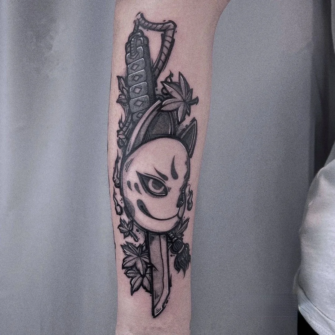 1Pcs/2Pcs/3Pcs  Tanjirou Samurai Sword Knife Fox Mask Anime Temporary Tattoos Waterproof Cartoon Ukiyo-E Fake Tatoo