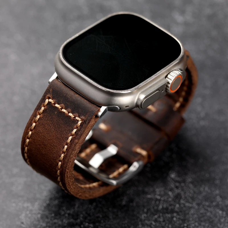 수제 이탈리아 소가죽 시계 밴드, 애플 워치 49mm 45mm, iwatch8 울트라 라이트 브라운 송아지 남성용 가죽 스트랩, 두꺼운