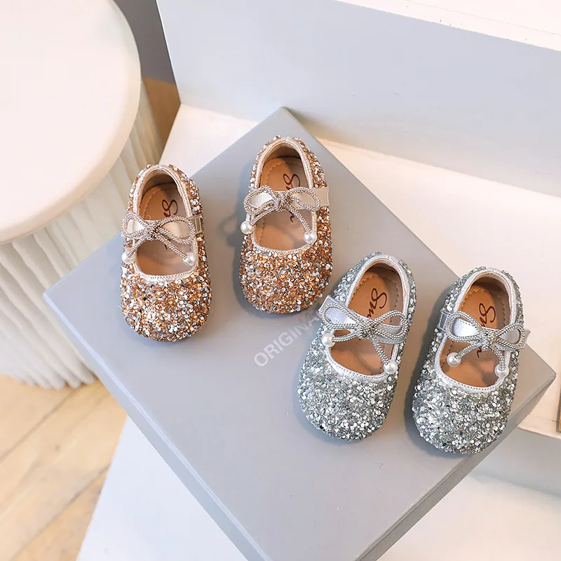 Spring Autumn New Girl Rhinestone Princess Shoes Children's Flats Cute Bling Bling Girls Ballet Flats Shoes Kids Leather Shoes