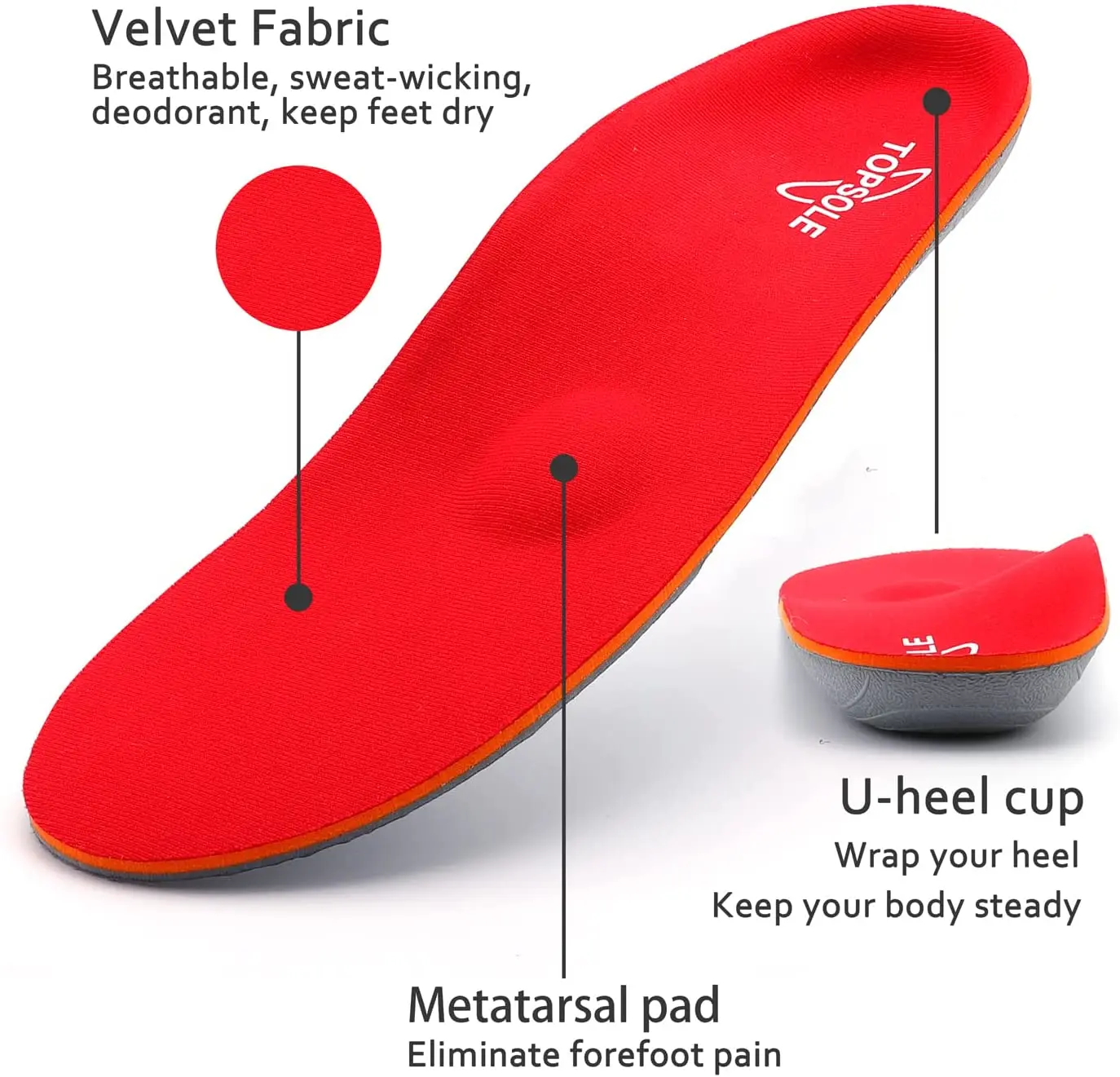 TOPSOLE Orthopedic Insoles For The Feet Red 3cm High Arch Support Shoe Inserts Pain Relief Plantar Fasciitis Flat Foot Men Women