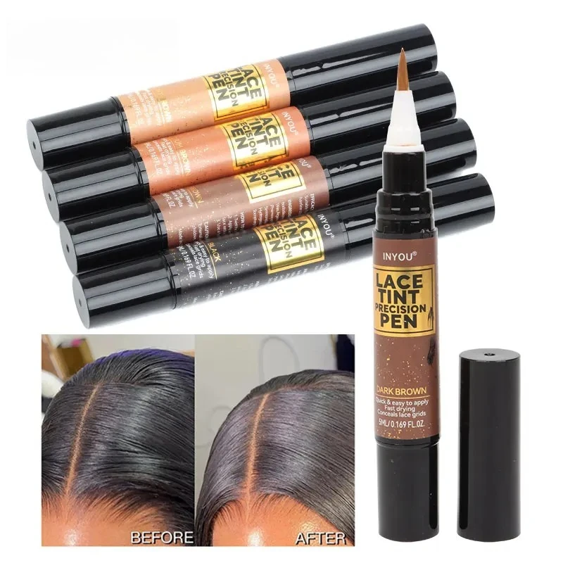 레이스 틴트 펜 틴티드 레이스 정밀 이별 펜 블랙 미디엄 다크 라이트 브라운 5Ml 0.17Oz - 브러쉬 애플리케이터가 포함된 가발 레이스 틴트