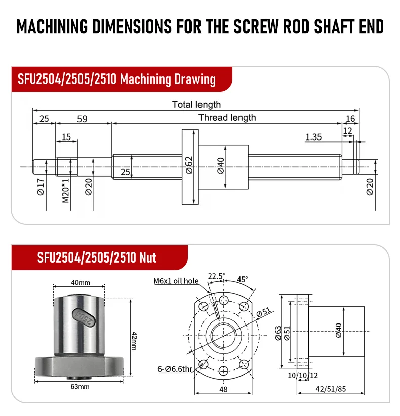 SFU2504/SFU2505/SFU2510 150 mm-1150 mm Kugelumlaufspindel + DSG25H Muttergehäuse + BKBF20/EKEF20/FKFF20 + XB-Koppler 40 x 65 14 mm-17 mm – Detail 8
