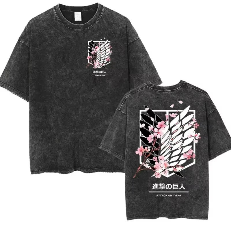 Anime Attack Titan Retro Wash Bedrucktes T-Shirt Mikasa Ackerman Eren Jaeger Free Wings Pattern Herren Sommer-T-Shirt