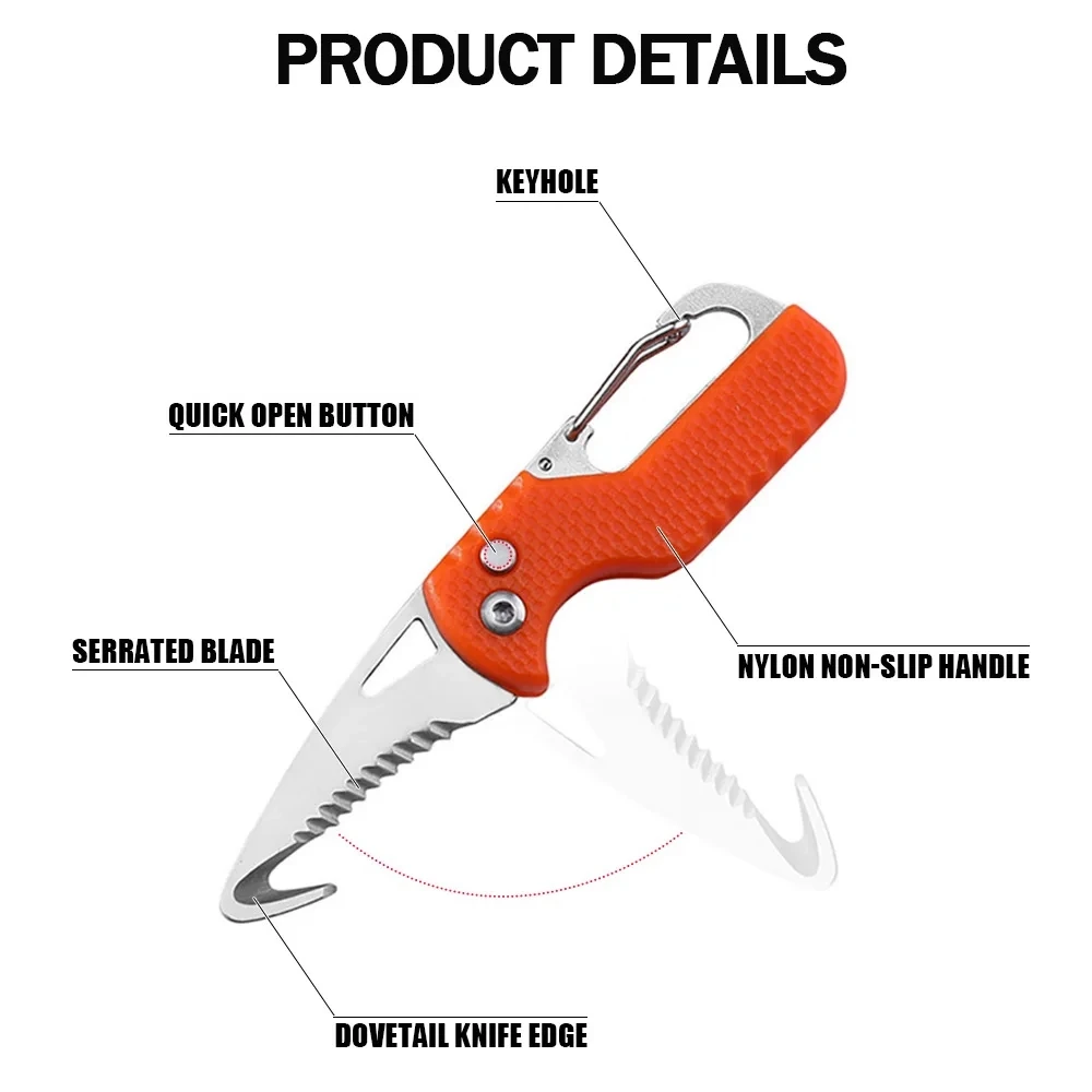 Faca dobrável portátil para acampamento ao ar livre, Express Parcel Knife Cortador de gancho serrilhado inoxidável, Carry-on Survival Tool, Box Opener